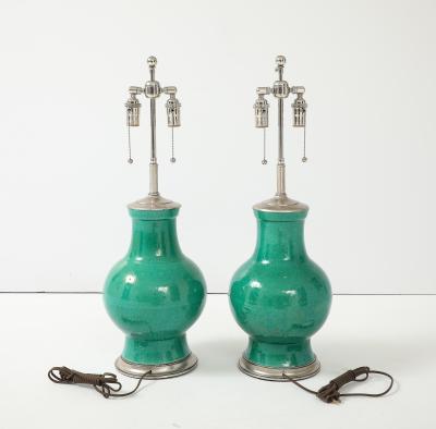 1940s Pair of Large Ceramic Lamps With A Stunning Emerald Green Glaze 