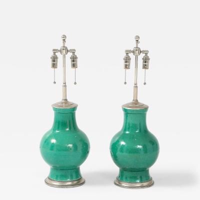 1940s Pair of Large Ceramic Lamps With A Stunning Emerald Green Glaze 