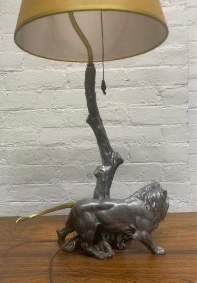 1940s Pewter and Bronze Lion Lamp
