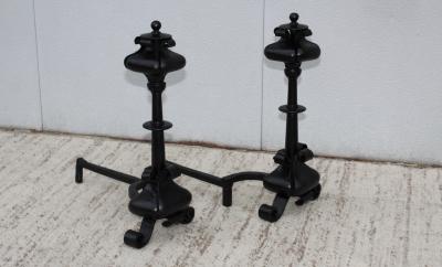 1940s Scrolled Iron Large Pair Of Andirons