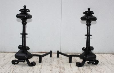 1940s Scrolled Iron Large Pair Of Andirons