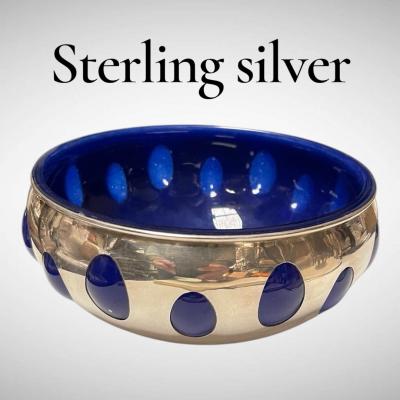 1940s Sterling silver and blue glass vide poche 