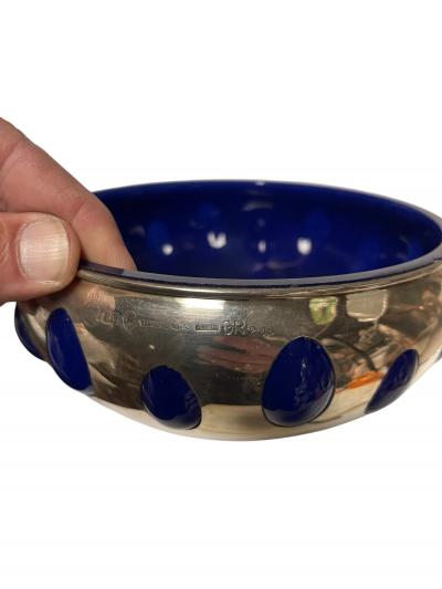1940s Sterling silver and blue glass vide poche 