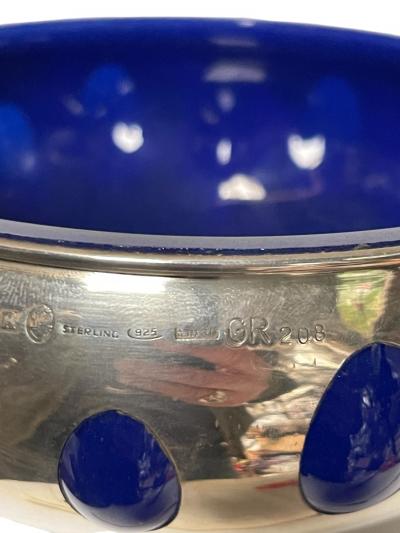 1940s Sterling silver and blue glass vide poche 