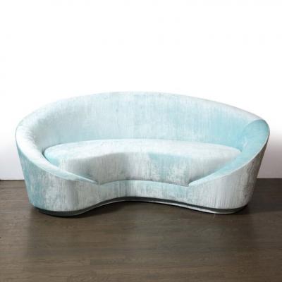 1940s Style Modernist Custom Sweeping Curved Sofa in Aquamarine Velvet