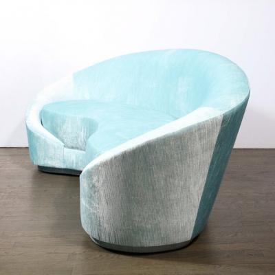 1940s Style Modernist Custom Sweeping Curved Sofa in Aquamarine Velvet