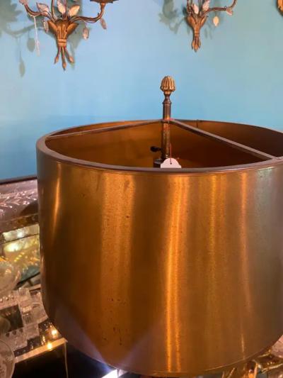 1950 70 Pair of Bronze Lamps and Egg Amber Way Signed Charles With Brass Shade