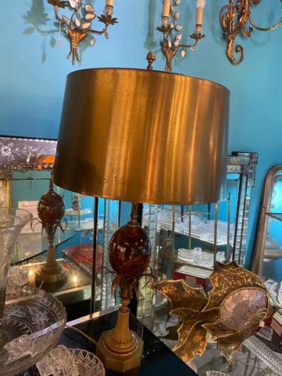 1950 70 Pair of Bronze Lamps and Egg Amber Way Signed Charles With Brass Shade