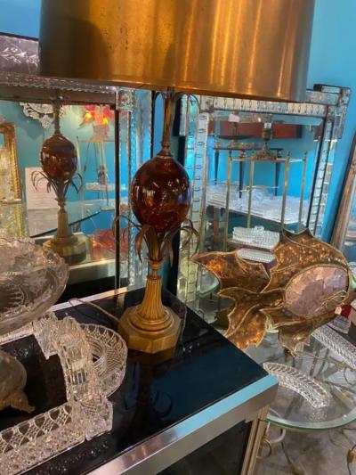 1950 70 Pair of Bronze Lamps and Egg Amber Way Signed Charles With Brass Shade