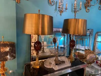 1950 70 Pair of Bronze Lamps and Egg Amber Way Signed Charles With Brass Shade