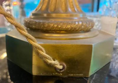 1950 70 Pair of Bronze Lamps and Egg Amber Way Signed Charles With Brass Shade