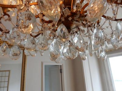 1950 Chandelier Cage Italy 12 Lights Golden Wood and Crystal