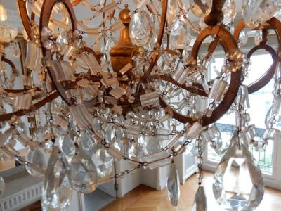 1950 Chandelier Cage Italy 12 Lights Golden Wood and Crystal