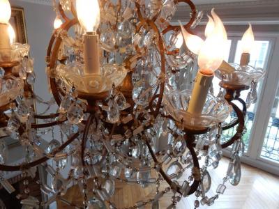 1950 Chandelier Cage Italy 12 Lights Golden Wood and Crystal