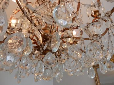 1950 Chandelier Cage Italy 12 Lights Golden Wood and Crystal