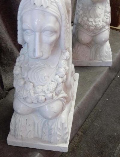 1950 Pair of Statuary White Marble Sphinxes
