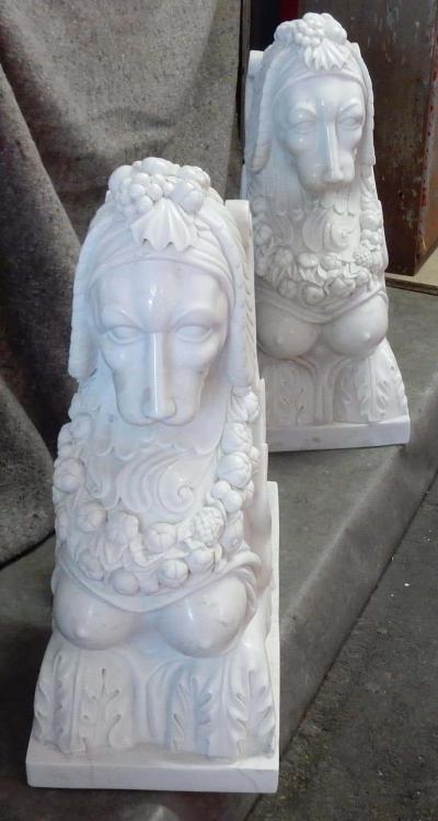 1950 Pair of Statuary White Marble Sphinxes