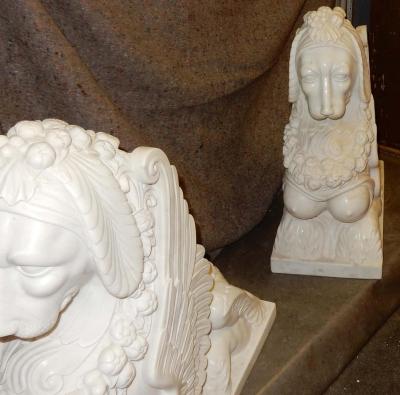 1950 Pair of Statuary White Marble Sphinxes