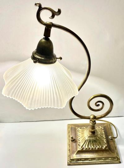 1950s American Art Deco Style Brass Table Desk Lamp with Satin White Glass Shade