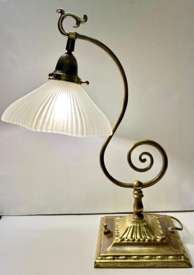 1950s American Art Deco Style Brass Table Desk Lamp with Satin White Glass Shade