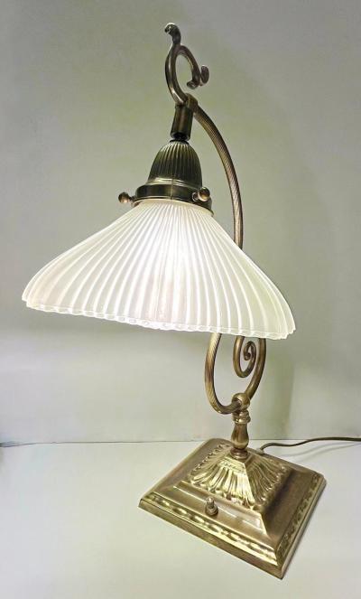 1950s American Art Deco Style Brass Table Desk Lamp with Satin White Glass Shade