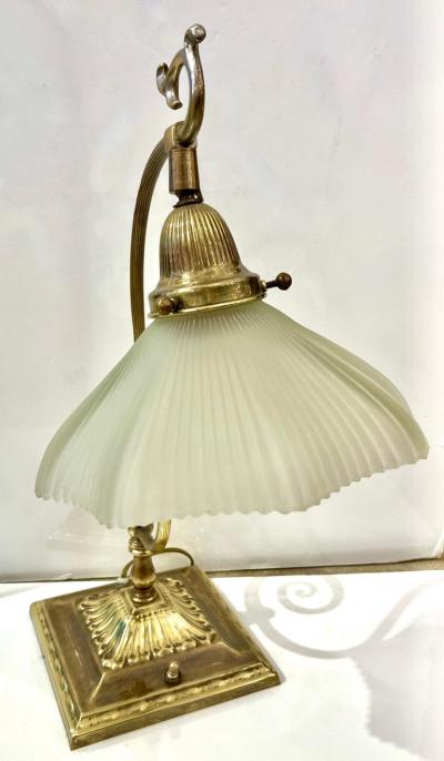 1950s American Art Deco Style Brass Table Desk Lamp with Satin White Glass Shade