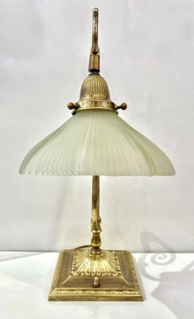 1950s American Art Deco Style Brass Table Desk Lamp with Satin White Glass Shade