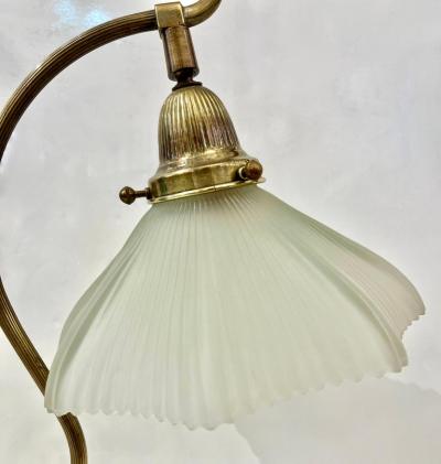 1950s American Art Deco Style Brass Table Desk Lamp with Satin White Glass Shade