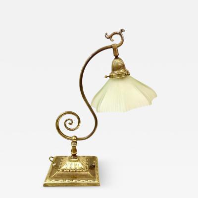 1950s American Art Deco Style Brass Table Desk Lamp with Satin White Glass Shade