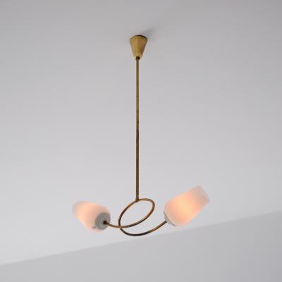 1950s Brass Chandelier with Twin Opaline Glass Shades