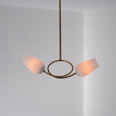 1950s Brass Chandelier with Twin Opaline Glass Shades