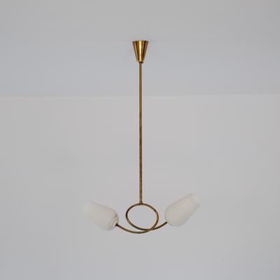 1950s Brass Chandelier with Twin Opaline Glass Shades