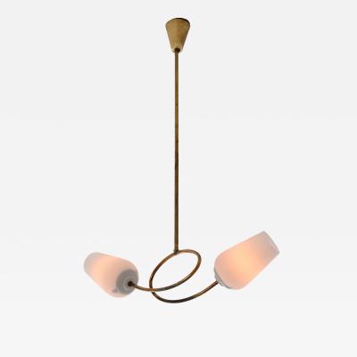 1950s Brass Chandelier with Twin Opaline Glass Shades