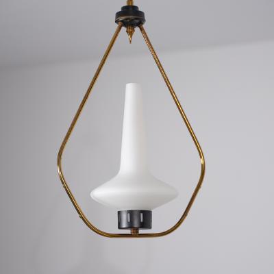 1950s Brass Iron Pendant with Opaline Glass Shade 2 Available