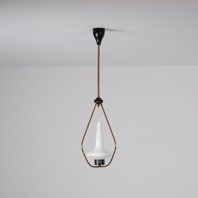 1950s Brass Iron Pendant with Opaline Glass Shade 2 Available