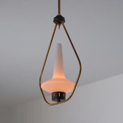 1950s Brass Iron Pendant with Opaline Glass Shade 2 Available