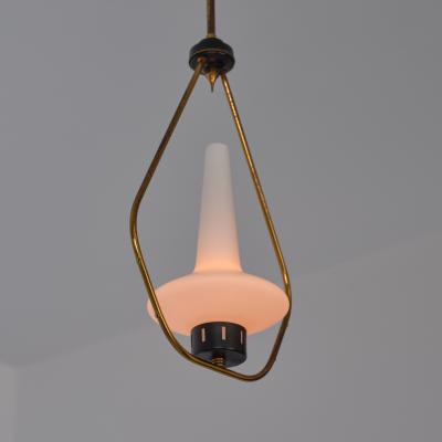 1950s Brass Iron Pendant with Opaline Glass Shade 2 Available