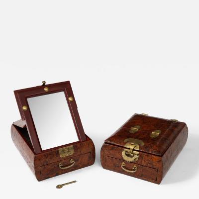 1950s Burl Wood And brass Chinese Jewelry Boxes With Mirrors