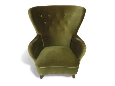 1950s Danish High Back Lounge Chair in Original Green Mohair