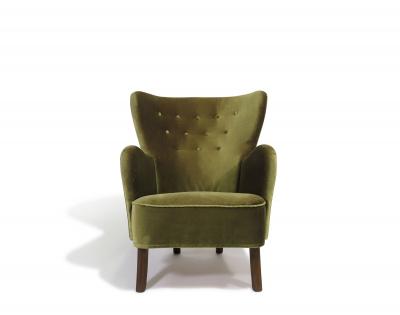 1950s Danish High Back Lounge Chair in Original Green Mohair