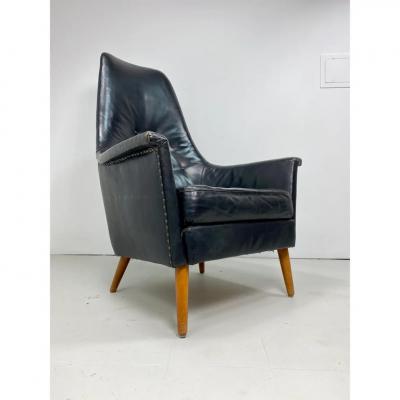 1950s Danish Leather High Back Lounge Chair