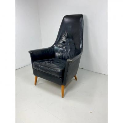 1950s Danish Leather High Back Lounge Chair