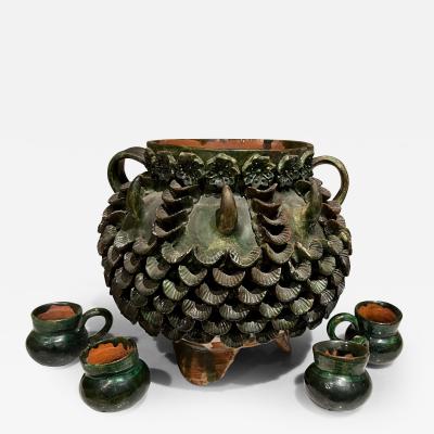 1950s Fabulous Design Green Pineapple Pina Pottery Jar Cups Handmade Mexico