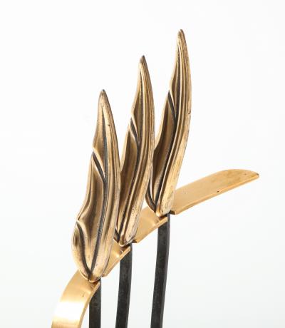 1950s Flamed Leaf Brass Fireplace Tools With Matching Andirons