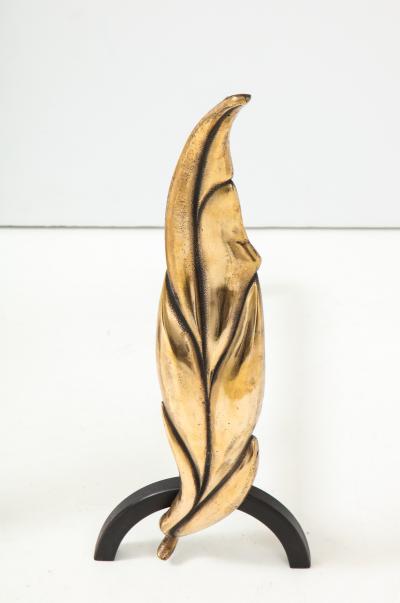 1950s Flamed Leaf Brass Fireplace Tools With Matching Andirons