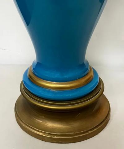 1950s French Blue Opaline Glass Table Lamps With Gilt Details Pair