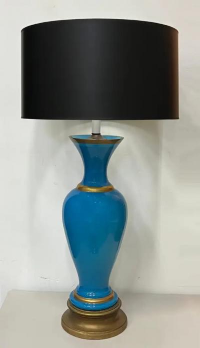 1950s French Blue Opaline Glass Table Lamps With Gilt Details Pair