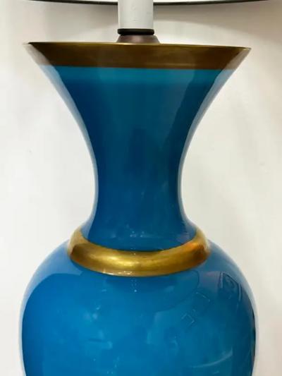 1950s French Blue Opaline Glass Table Lamps With Gilt Details Pair