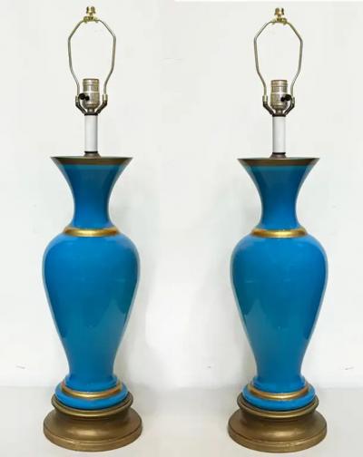 1950s French Blue Opaline Glass Table Lamps With Gilt Details Pair