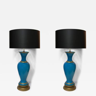 1950s French Blue Opaline Glass Table Lamps With Gilt Details Pair